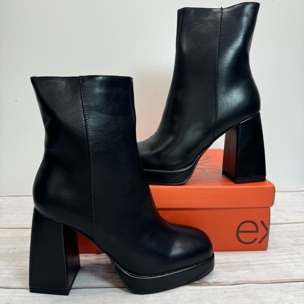EXE Black Faux Leather Square Block Heel Platform Ankle Boots Zipper Closure